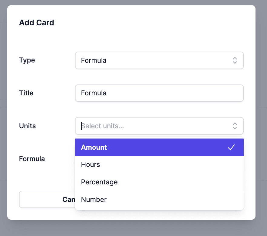 Formula card unit type selection options in Metric AI