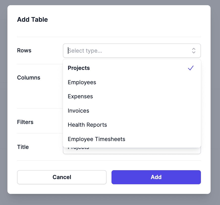 Expanded dashboard table types selection interface