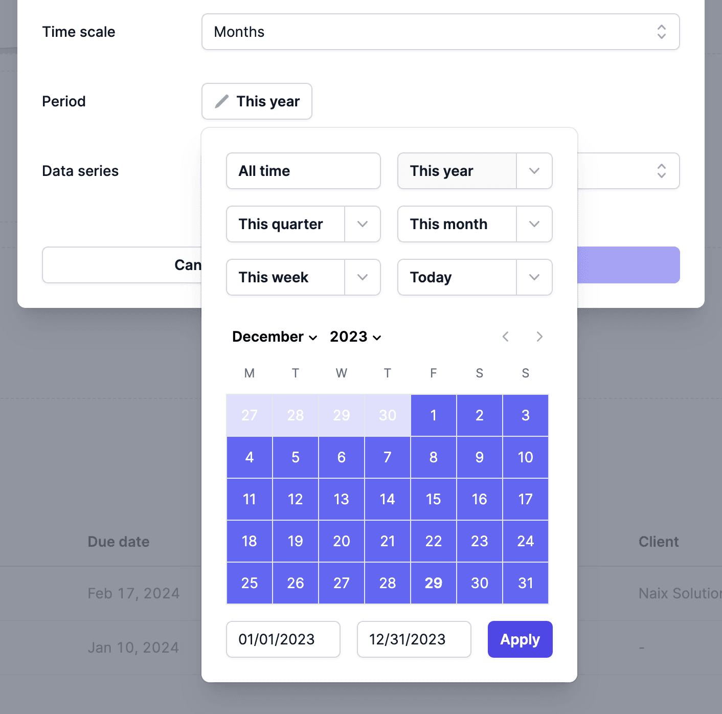Time period selection for chart data in Metric AI