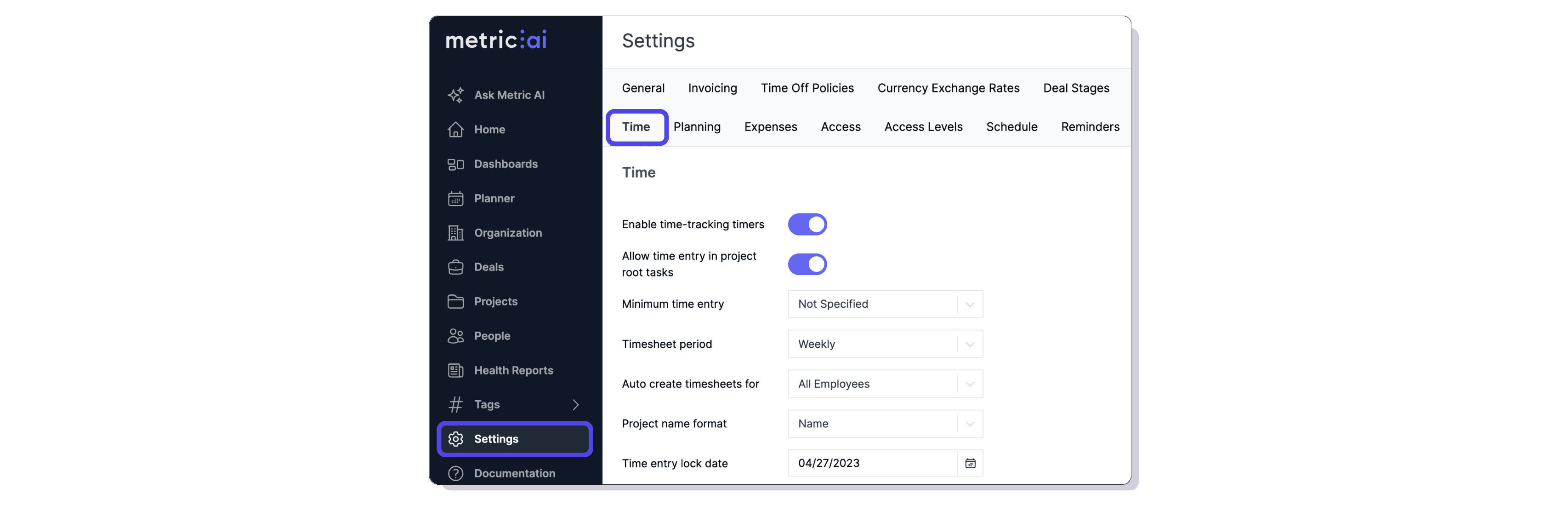 Time settings page for automatic holiday logging configuration