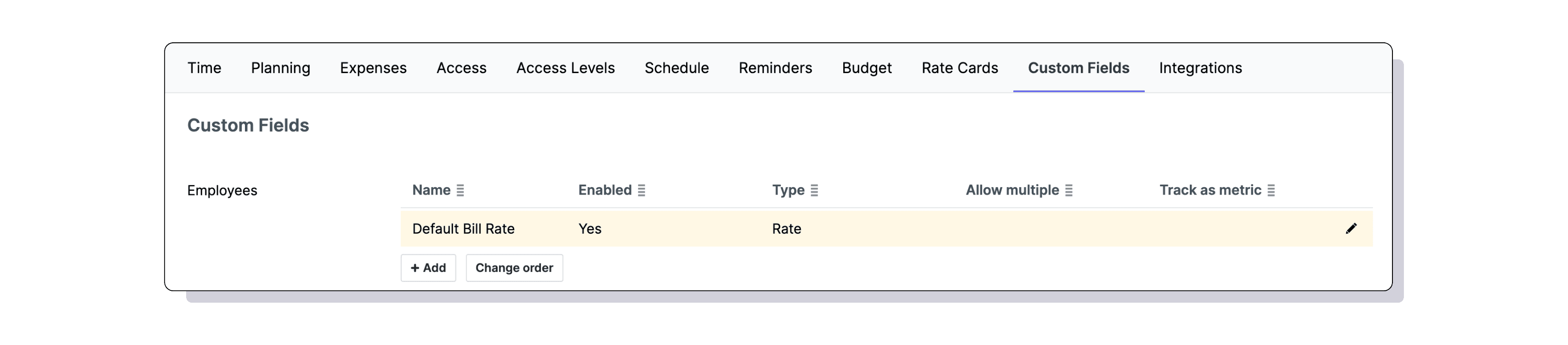 Custom field setup with default bill rate for employees