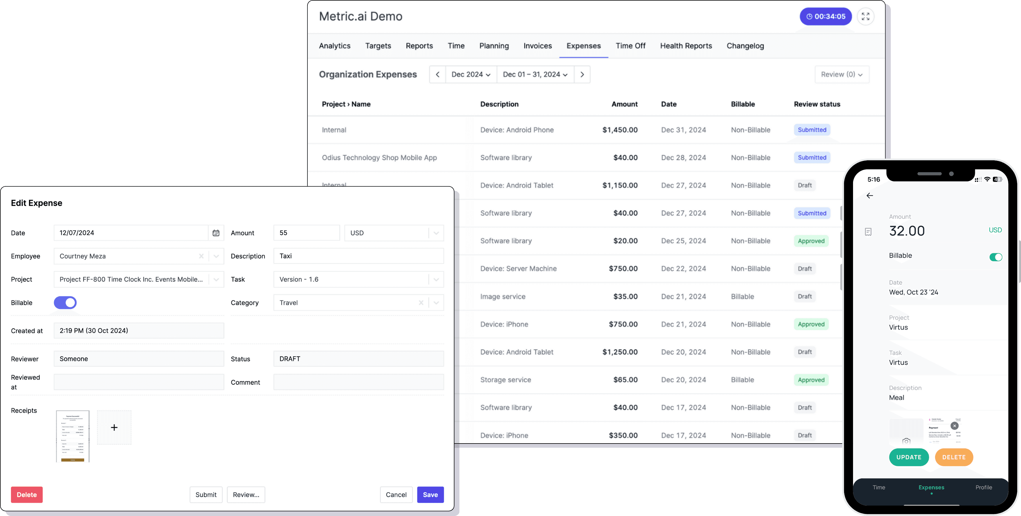 Expense tracking system with categories, approval workflow, and receipt attachments
