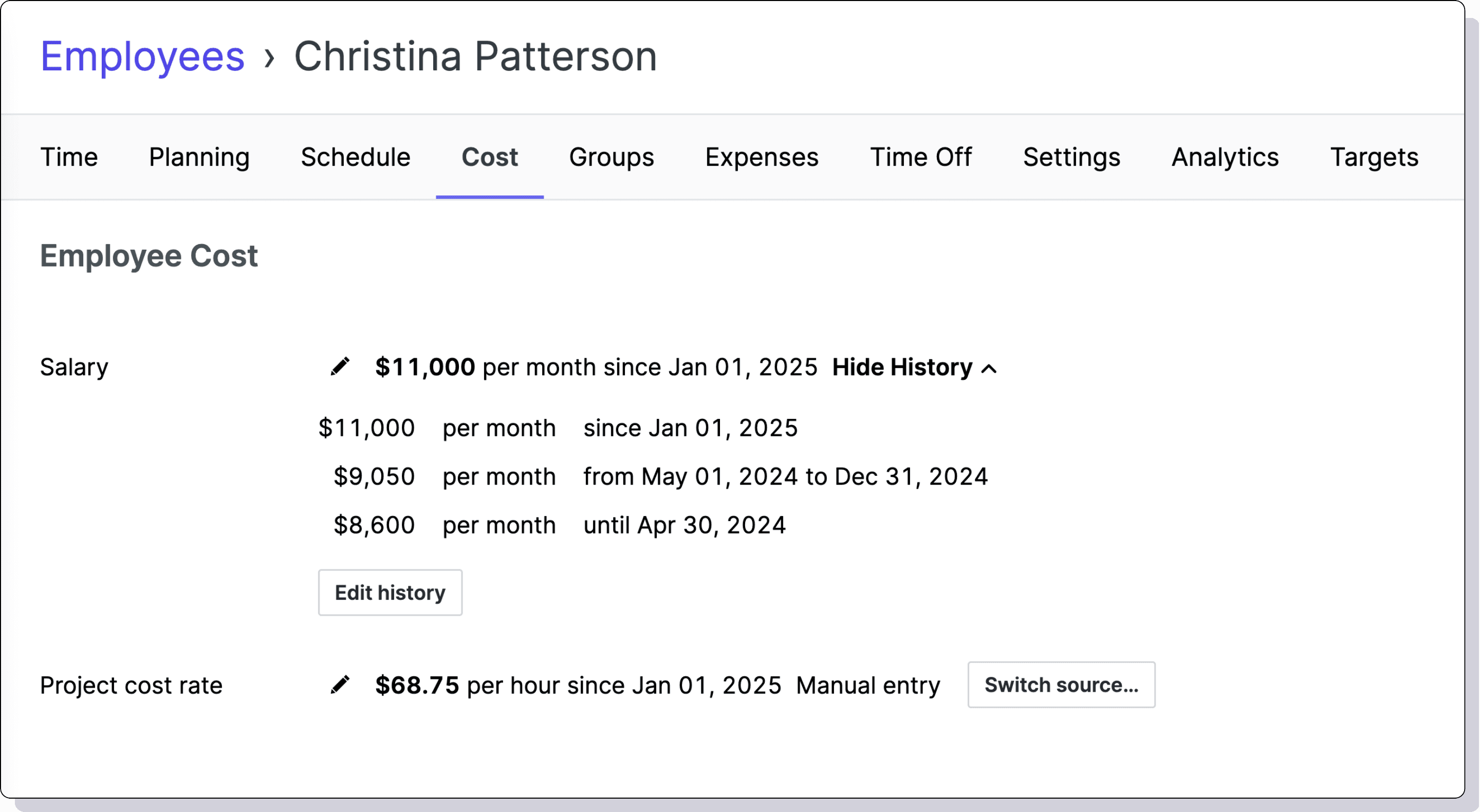 Labor cost tracking interface showing hourly rates and salary allocations