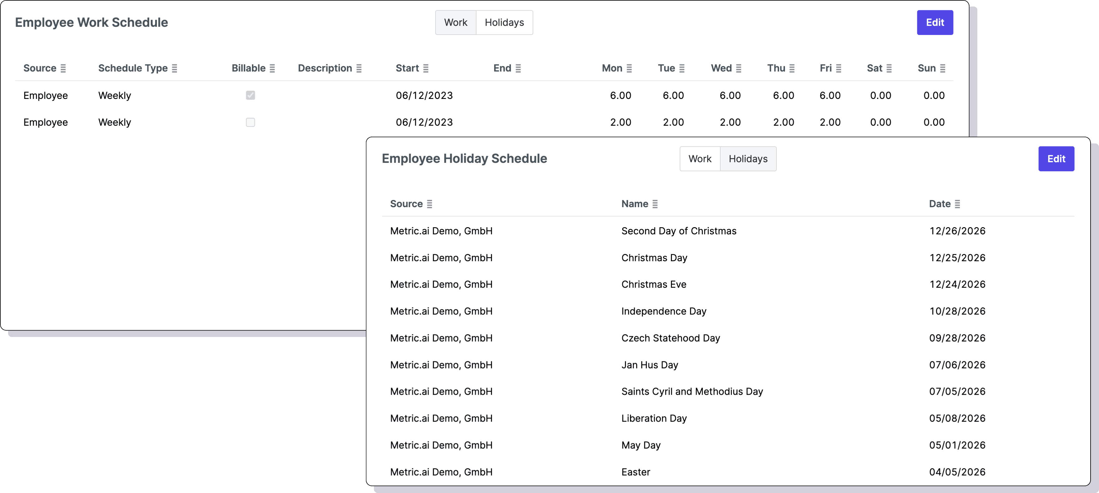 Employee schedule configuration with work hours, holidays, and capacity settings