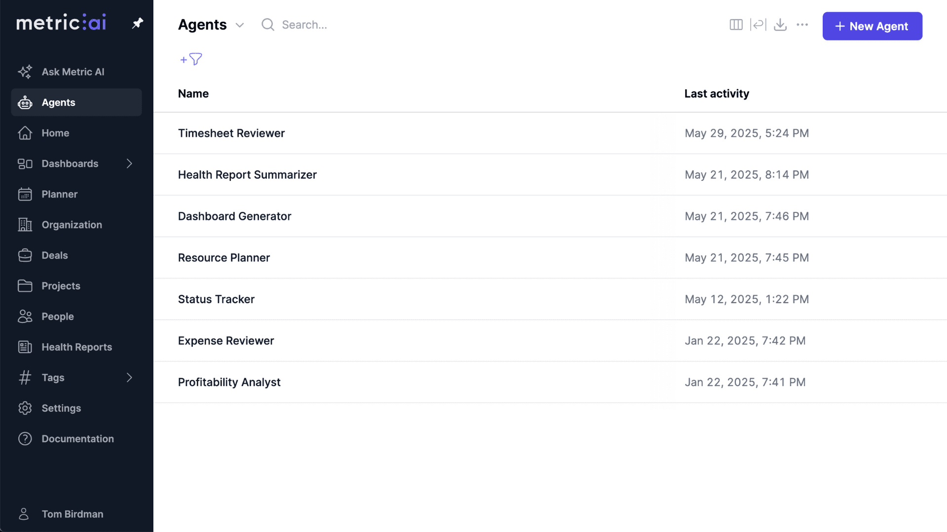 AI agents list view displaying active automation workflows and their current status