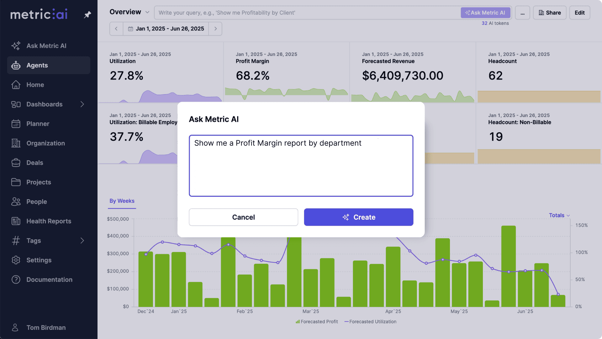 Metric AI interface showing natural language query for business insights and AI-generated analysis