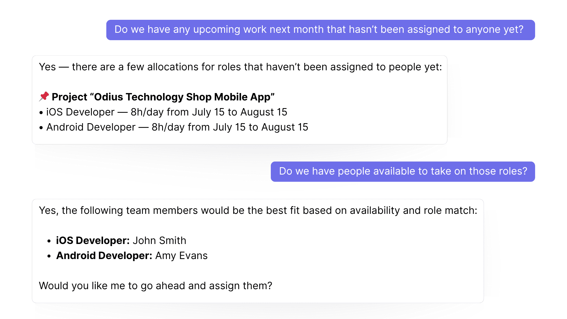 Resource management screen showing AI integration capabilities and team allocation